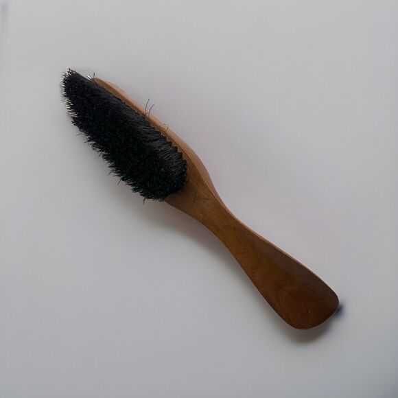 Vintage Wood Lint Clothes Brush HERS Leather w Shoe Horn Handle Double Sided - Picture 4 of 6